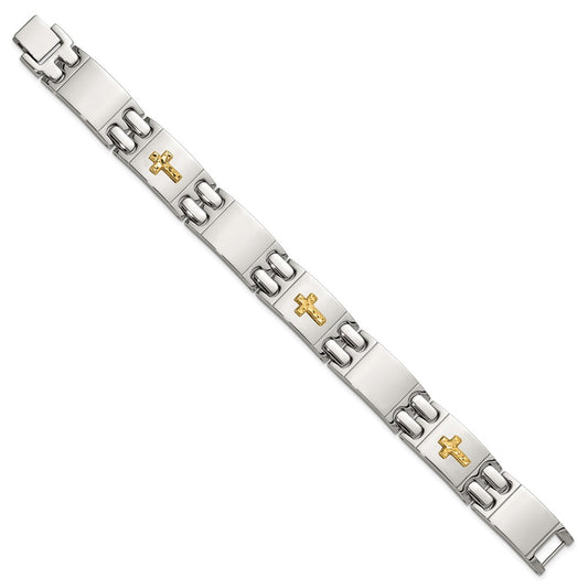 Chisel Stainless Steel Polished with Diamond-cut 14K Gold Accent Cross 8 inch Link Bracelet