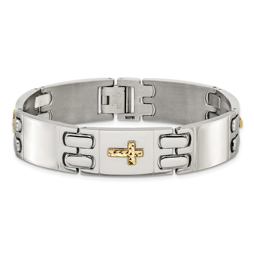 Chisel Stainless Steel Polished with Diamond-cut 14K Gold Accent Cross 8 inch Link Bracelet