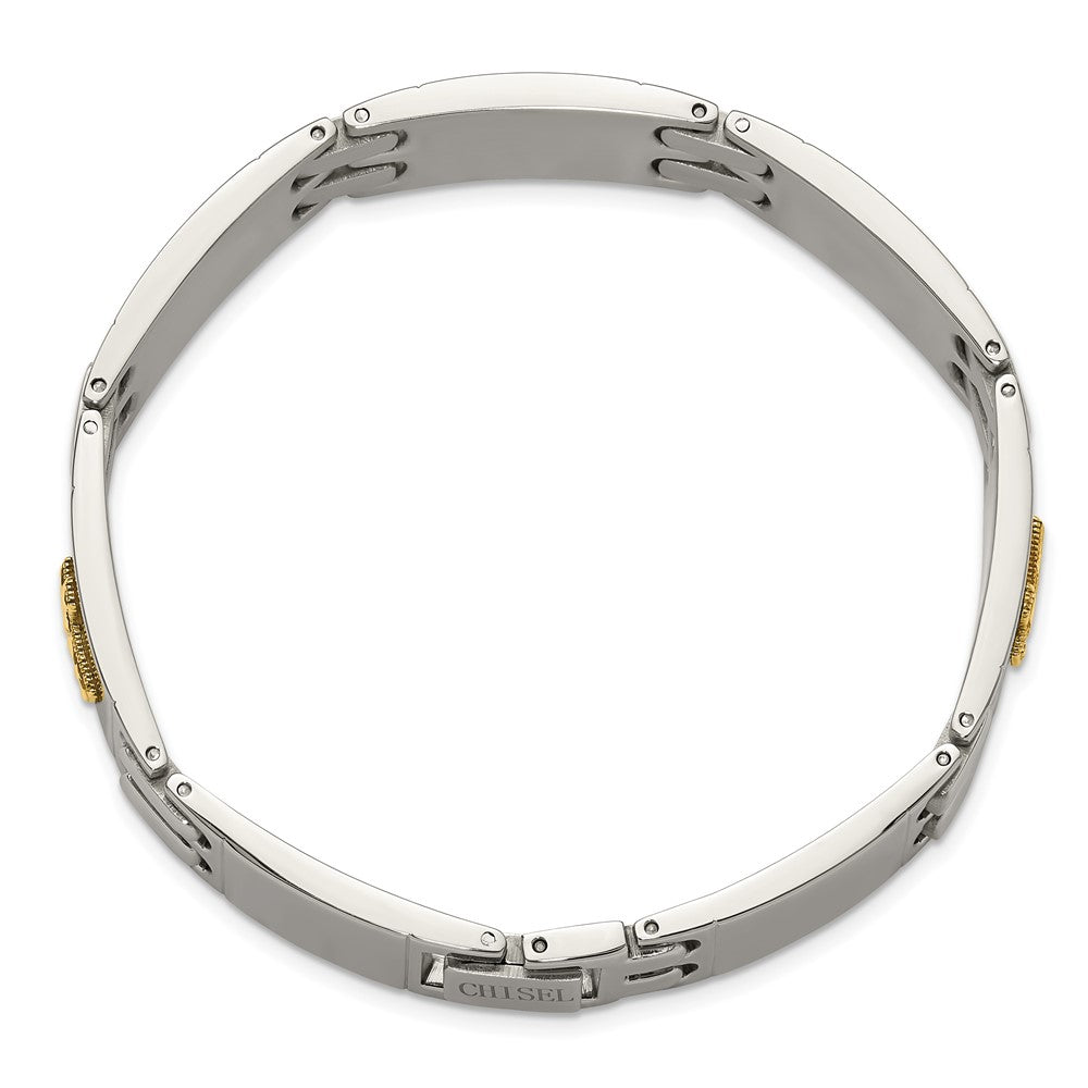 Chisel Stainless Steel Polished with Diamond-cut 14K Gold Accent Cross 8 inch Link Bracelet