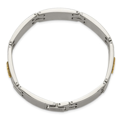Chisel Stainless Steel Polished with Diamond-cut 14K Gold Accent Cross 8 inch Link Bracelet