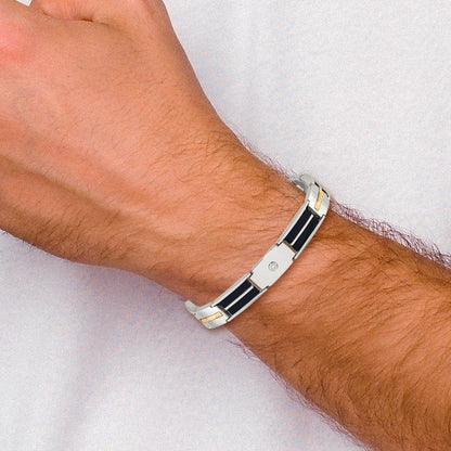 Chisel Stainless Steel Polished with Diamond-cut 14K Gold Accent and 1/20ct. Diamond with Black Enamel 8 inch Bracelet