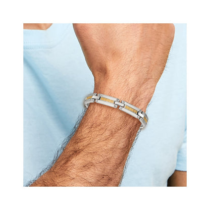 Chisel Stainless Steel Polished with 14K Gold Accent Basket Weave Pattern 8.5 inch Link Bracelet