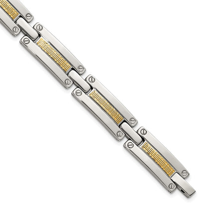 Chisel Stainless Steel Polished with 14K Gold Accent Basket Weave Pattern 8.5 inch Link Bracelet