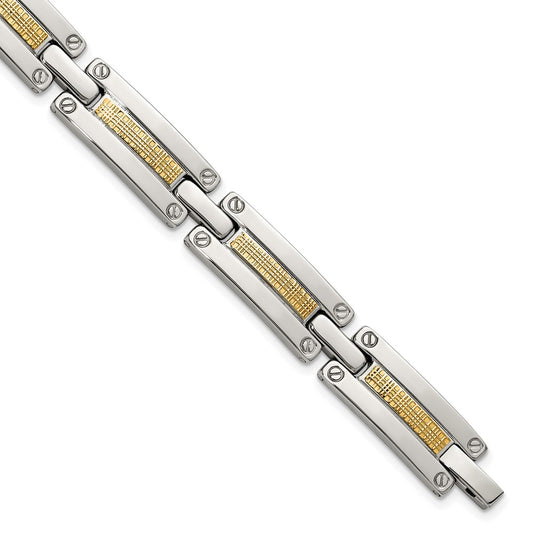 Chisel Stainless Steel Polished with 14K Gold Accent Basket Weave Pattern 8.5 inch Link Bracelet