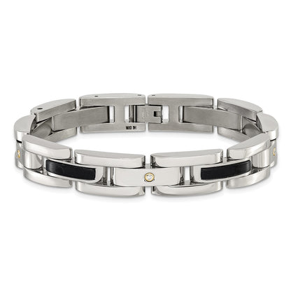 Chisel Stainless Steel Polished with 14K Gold Accent and 1/20ct. Diamond and Onyx 8.25 inch Link Bracelet