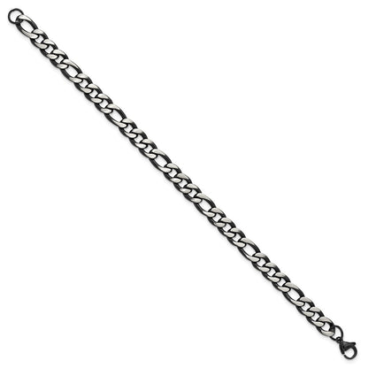 Chisel Stainless Steel Brushed and Polished Black IP-plated 7.5mm 9 inch Figaro Chain Bracelet