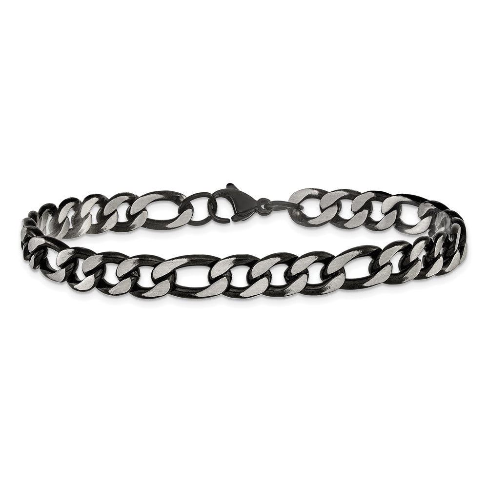 Chisel Stainless Steel Brushed and Polished Black IP-plated 7.5mm 9 inch Figaro Chain Bracelet
