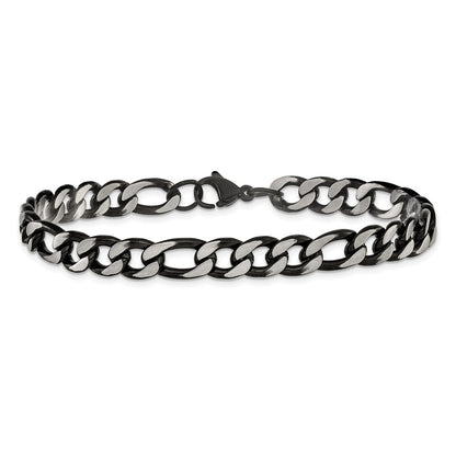 Chisel Stainless Steel Brushed and Polished Black IP-plated 7.5mm 9 inch Figaro Chain Bracelet