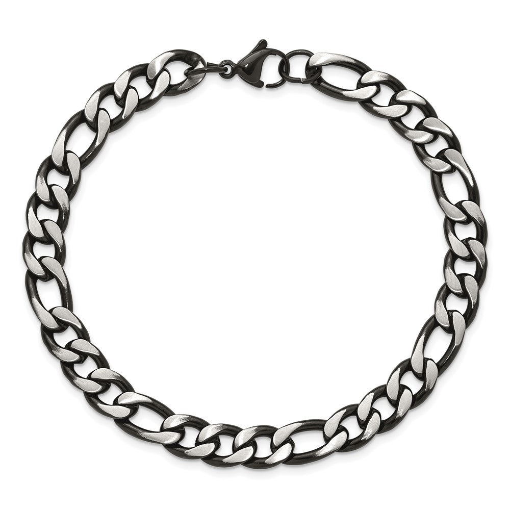 Chisel Stainless Steel Brushed and Polished Black IP-plated 7.5mm 9 inch Figaro Chain Bracelet
