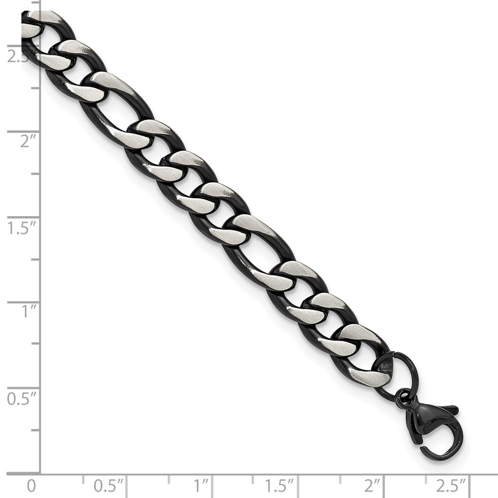 Chisel Stainless Steel Brushed and Polished Black IP-plated 7.5mm 9 inch Figaro Chain Bracelet