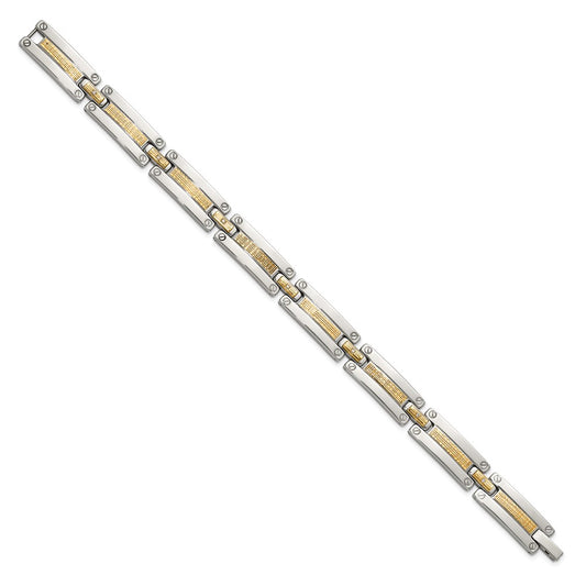 Chisel Stainless Steel Polished with 14K Accent Basket Weave and 1/15ct. Diamond 8.5 inch Bracelet