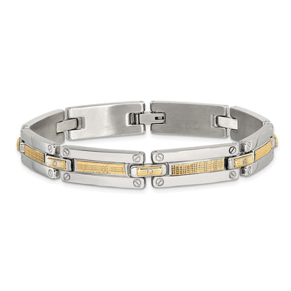 Chisel Stainless Steel Polished with 14K Accent Basket Weave and 1/15ct. Diamond 8.5 inch Bracelet