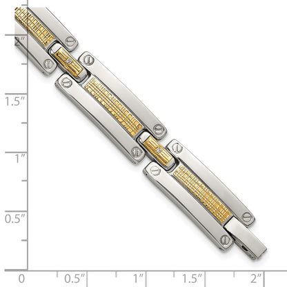 Chisel Stainless Steel Polished with 14K Accent Basket Weave and 1/15ct. Diamond 8.5 inch Bracelet
