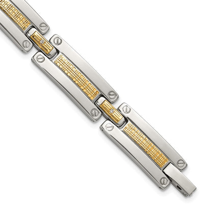 Chisel Stainless Steel Polished with 14K Accent Basket Weave and 1/15ct. Diamond 8.5 inch Bracelet