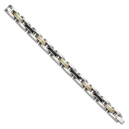 Chisel Stainless Steel Polished with 14K Gold Accent and Onyx 8.25 inch Link Bracelet