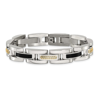Chisel Stainless Steel Polished with 14K Gold Accent and Onyx 8.25 inch Link Bracelet