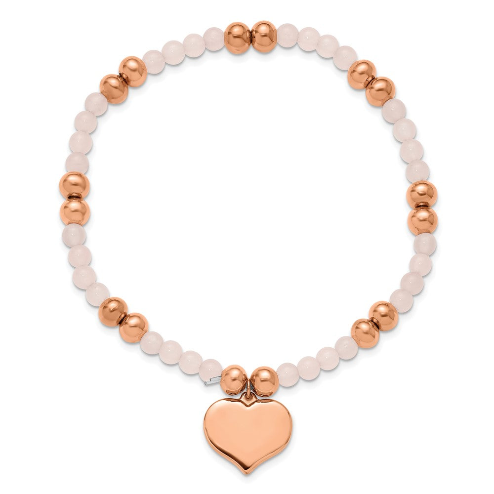 Chisel Stainless Steel Polished Rose IP-plated Heart Dangle 6mm Pink Quartz Beaded 7.75 inch Stretch Bracelet