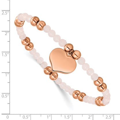 Chisel Stainless Steel Polished Rose IP-plated Heart Dangle 6mm Pink Quartz Beaded 7.75 inch Stretch Bracelet