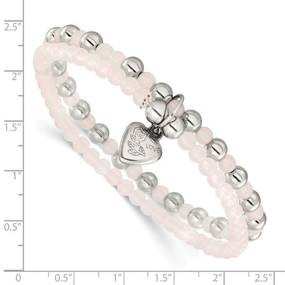 Chisel Stainless Steel Polished Puffed Heart 4-6mm Pink Quartz Two Strand 7.75 inch Stretch Bracelet