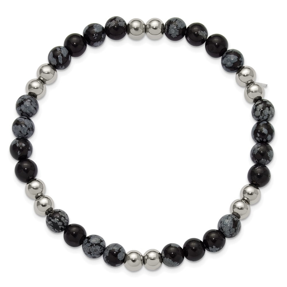 Chisel Stainless Steel Polished 6.5mm Black and Grey Synthetic Agate 7.75 inch Stretch Bracelet
