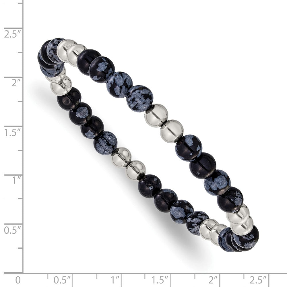 Chisel Stainless Steel Polished 6.5mm Black and Grey Synthetic Agate 7.75 inch Stretch Bracelet