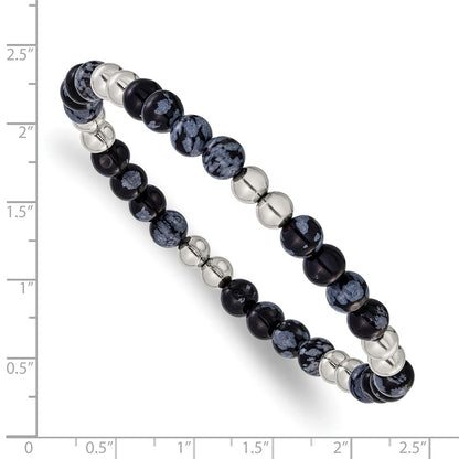 Chisel Stainless Steel Polished 6.5mm Black and Grey Synthetic Agate 7.75 inch Stretch Bracelet