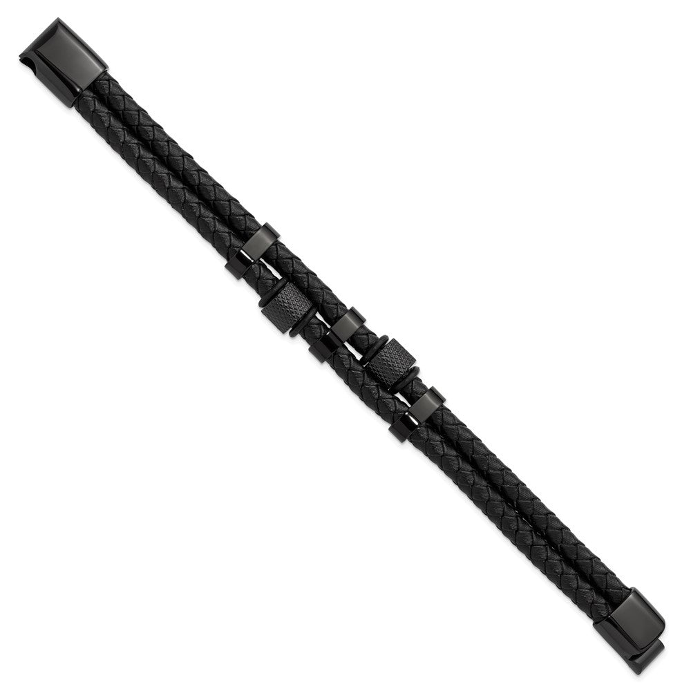 Chisel Stainless Steel Polished Black IP-plated and Black Leather Two Strand 8.25 inch Bracelet