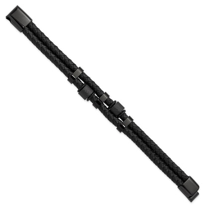 Chisel Stainless Steel Polished Black IP-plated and Black Leather Two Strand 8.25 inch Bracelet