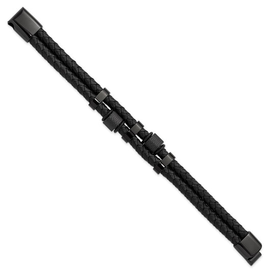 Chisel Stainless Steel Polished Black IP-plated and Black Leather Two Strand 8.25 inch Bracelet