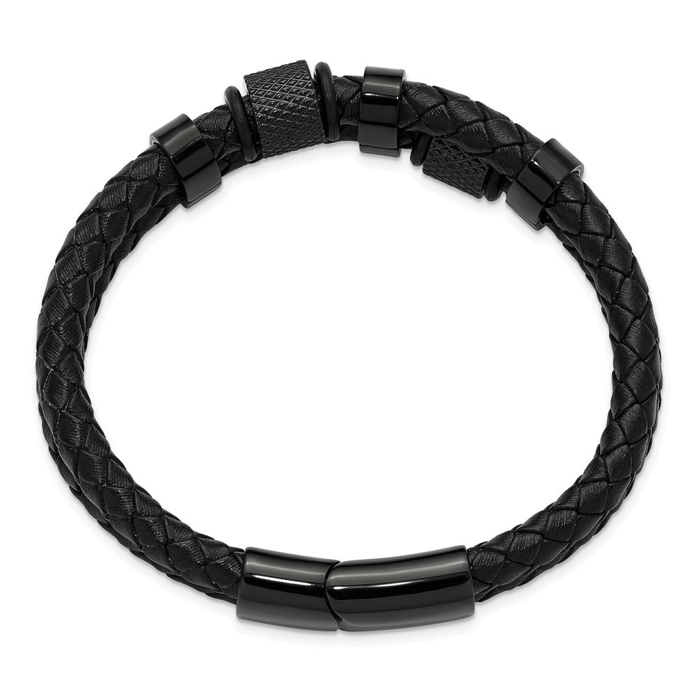 Chisel Stainless Steel Polished Black IP-plated and Black Leather Two Strand 8.25 inch Bracelet