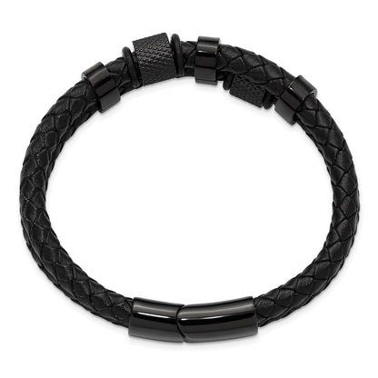 Chisel Stainless Steel Polished Black IP-plated and Black Leather Two Strand 8.25 inch Bracelet