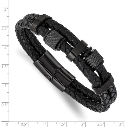 Chisel Stainless Steel Polished Black IP-plated and Black Leather Two Strand 8.25 inch Bracelet