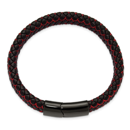 Chisel Stainless Steel Polished Black IP-plated Black Leather and Red Fabric 8.25 inch Bracelet