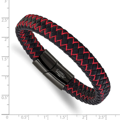 Chisel Stainless Steel Polished Black IP-plated Black Leather and Red Fabric 8.25 inch Bracelet