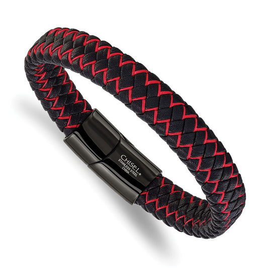 Chisel Stainless Steel Polished Black IP-plated Black Leather and Red Fabric 8.25 inch Bracelet