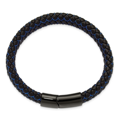 Chisel Stainless Steel Polished Black IP-plated Black Leather and Blue Fabric 8.25 inch Bracelet