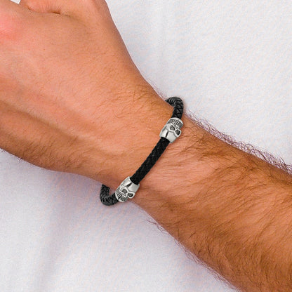 Chisel Stainless Steel Polished Skull Beads on Black Leather 8.75 inch Bracelet