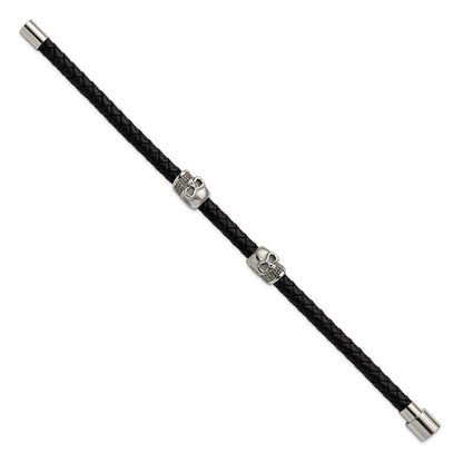 Chisel Stainless Steel Polished Skull Beads on Black Leather 8.75 inch Bracelet