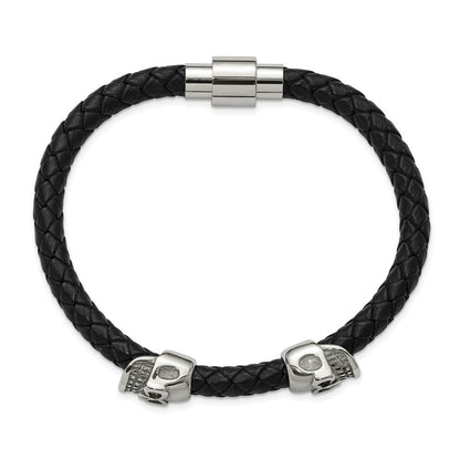 Chisel Stainless Steel Polished Skull Beads on Black Leather 8.75 inch Bracelet
