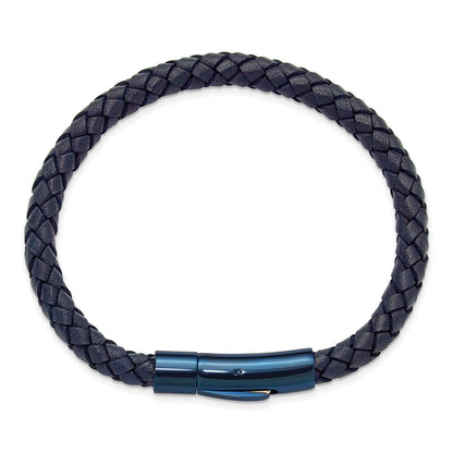 Chisel Stainless Steel Polished Blue IP-plated and Navy Blue Leather 8.25 inch Bracelet