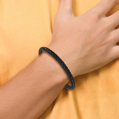 Chisel Stainless Steel Polished Black IP-plated and Black Leather 8.25 inch Bracelet