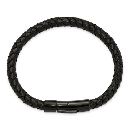 Chisel Stainless Steel Polished Black IP-plated and Black Leather 8.25 inch Bracelet