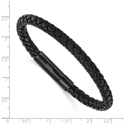 Chisel Stainless Steel Polished Black IP-plated and Black Leather 8.25 inch Bracelet
