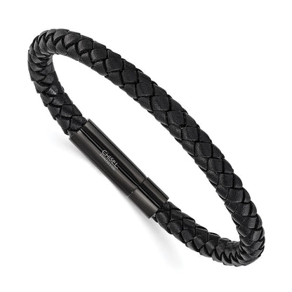 Chisel Stainless Steel Polished Black IP-plated and Black Leather 8.25 inch Bracelet