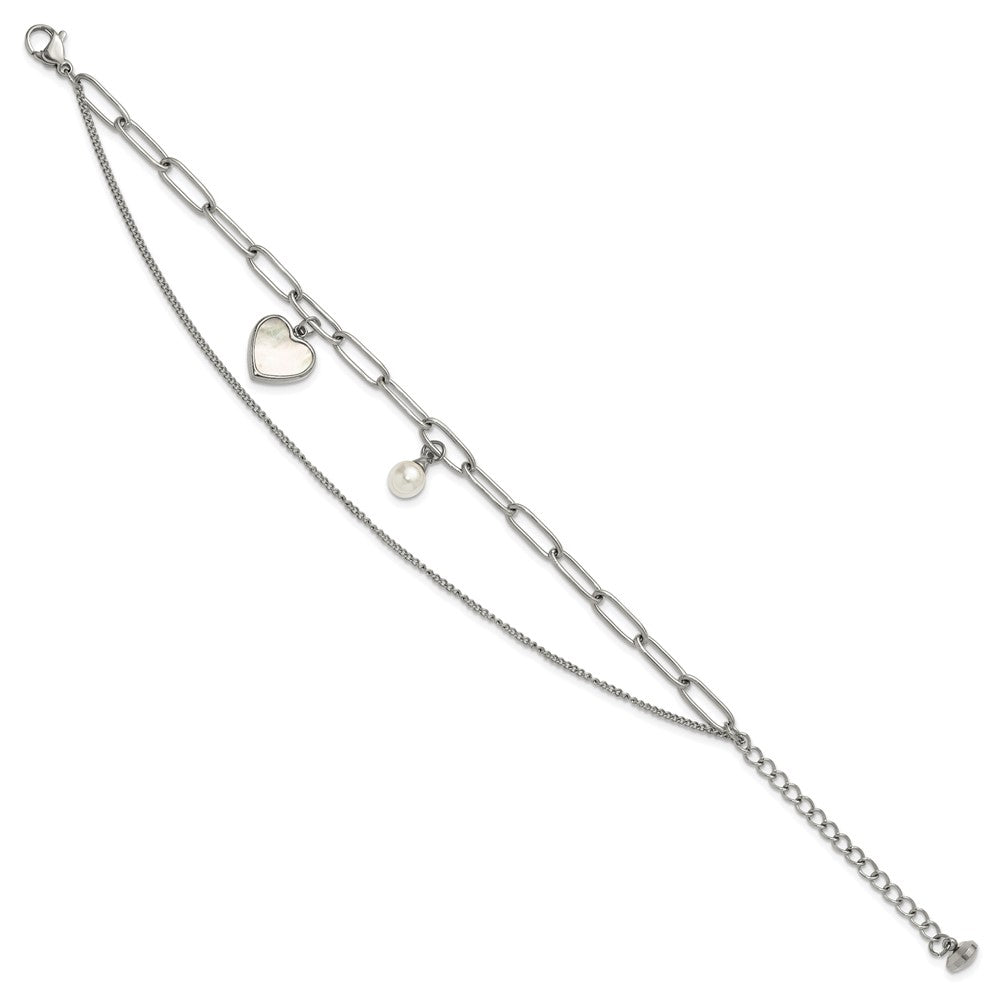 Chisel Stainless Steel Polished Mother of Pearl Heart and Simulated Pearl 6.5 inch Plus a 2 inch Extension Bracelet