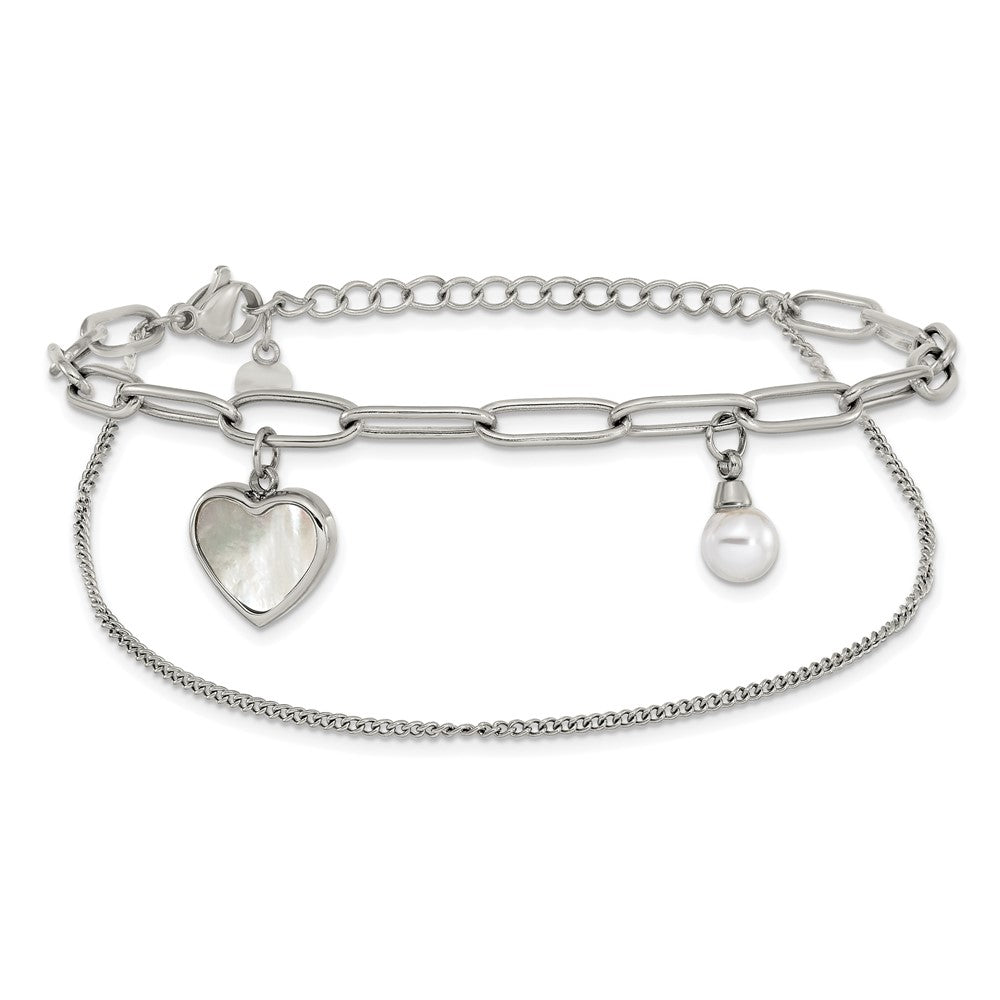 Chisel Stainless Steel Polished Mother of Pearl Heart and Simulated Pearl 6.5 inch Plus a 2 inch Extension Bracelet