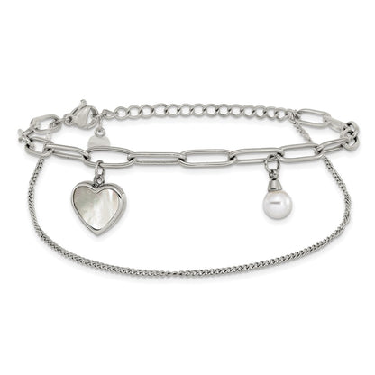 Chisel Stainless Steel Polished Mother of Pearl Heart and Simulated Pearl 6.5 inch Plus a 2 inch Extension Bracelet