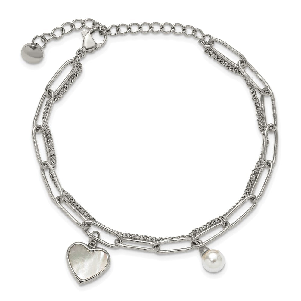 Chisel Stainless Steel Polished Mother of Pearl Heart and Simulated Pearl 6.5 inch Plus a 2 inch Extension Bracelet