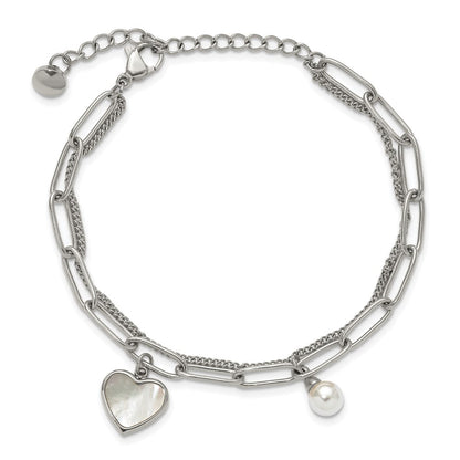 Chisel Stainless Steel Polished Mother of Pearl Heart and Simulated Pearl 6.5 inch Plus a 2 inch Extension Bracelet