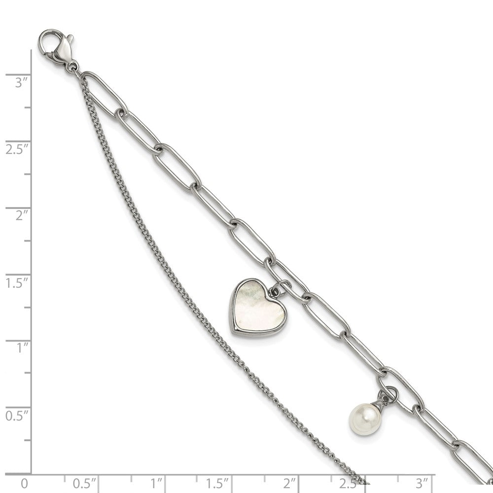 Chisel Stainless Steel Polished Mother of Pearl Heart and Simulated Pearl 6.5 inch Plus a 2 inch Extension Bracelet